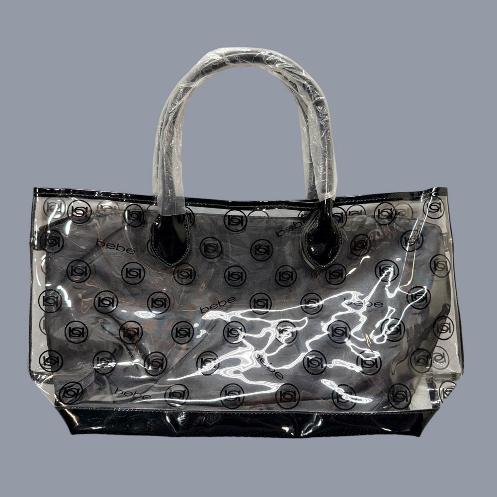 Bebe Clear PVC Tote Bag‎ Black Logo Print Transparent Shopper w/ Inner Pouch